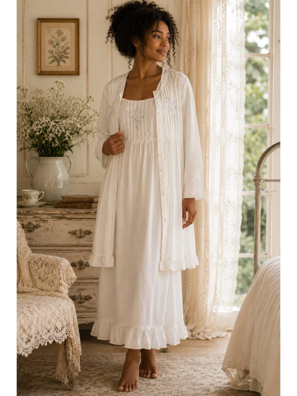 Vintage White Cotton Embroidered Nightgown Robe Peignoir Set Cottagecore Medium